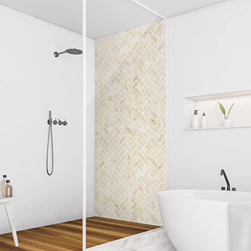 Bilderwelten Duschrückwand Folie 200x100 cm Marmor Fischgräten Fliesen - Sand helle Fugen Bad-Rückwand Motiv fugenlose Wandverkleidung Dusche