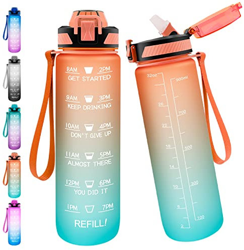 1L Gourde Motivation Avec Paille, Filtre et Marqueur de Temps, sans BPA, Convient pour Le Sport, Velo, le Camping, la randonnée, en Plein air - Dégradé Orange Vert