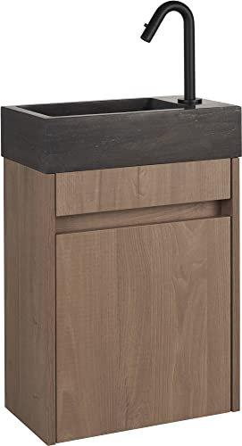 Saqu Florence Gäste WC Waschbecken mit Unterschrank Vormontiert - in Braun mit Naturstein-Waschbecken und schwarzer Armatur rechts - Kleines Gäste WC Bad Möbel mit Waschtisch