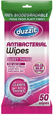 Duzzit Antibacterial 100 Percent Biodegradable Wipes, Pack 50 Wipes, Sweet Things Scented