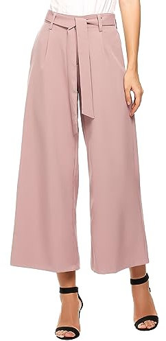 Beyove Damen Weite Hosen Elegante Sommer 7/8 Palazzo Hose Hohe Taille Loose Gerade Anzughosen Elastischer Bund Freizeithosen mit Gürtel Rosa M