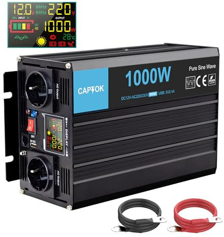 CAPTOK Spannungswandler 12V 230V 1000W/2000W Reiner Sinus KFZ Wechselrichter mit Fernbedienung 5V 2,4A USB Multifunktions-LCD-Digitalanzeige