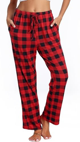 Lovasy Pantalon Pyjama Femme à Carreaux Bas de Pyjama en Coton Hiver avec Poches Pantalon de Nuit Doux et Confortable Long Grande Taille B-Rouge foncé M