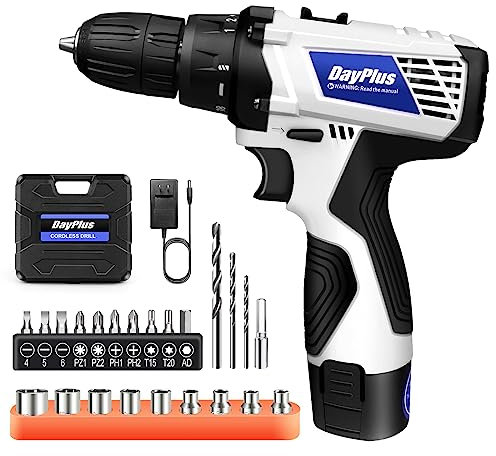 Cordless Drill Driver, 45N·m Electric Screwdriver Kit with 23pcs Accessories, 12V Power Impact Driver with Battery 1.3Ah and Charger, 18+1 Torque, 3/8 Chuck, 2 Speed, LED Light for Home Office DIY