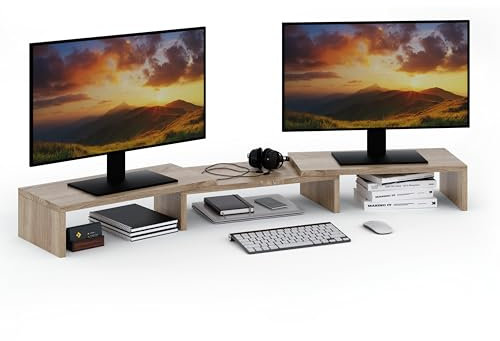 ComfortCove Rehausseur de support pour deux moniteurs, Support de Moniteur, support pour écran, organisateur de bureau, support pour ordinateur, 3 étagères, longueur réglable, Sonoma