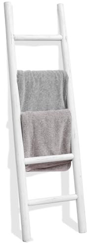 FUIN 57in Wood Blanket Ladder Living Room Decorative Wall Leaning Farmhouse Quilt Display Holder Rustic Wooden Towel Rack for Bathroom, White