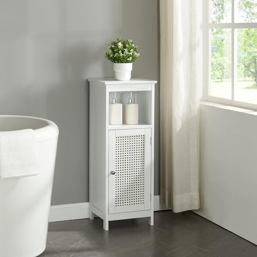 [en.casa] Armoire Basse de Salle de Bain avec 1 Porte Compartiment de Rangement Ouvert et 2 Étagères MDF PVC Effet Rotin 80 x 30 x 28 cm Blanc