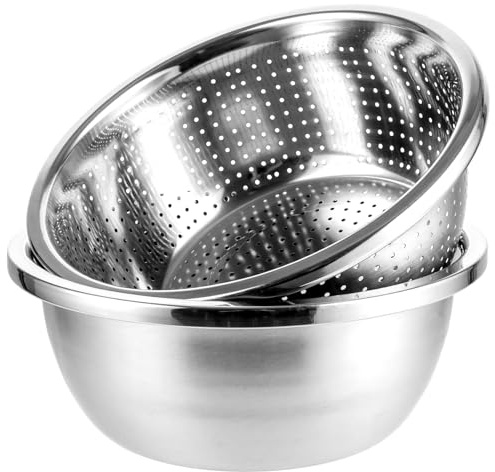 LDHHYH 2 Stück Edelstahl Seiher und Schüsselset Nudelsieb Edelstahl 26cm | Nudelsieb Edelstahl Sieb aus Edelstahls, Edelstahl Schüssel Set, Küchensieb Nudelsieb für Gemüse Früchten Nudeln Reis
