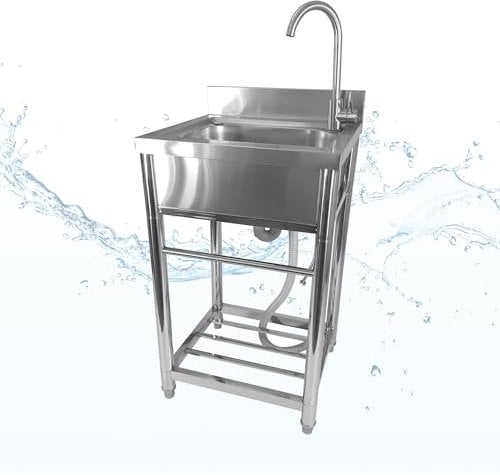 Lemodo Spültisch freistehend – Edelstahl Spültisch mit Wasserhahn, Kalt-/Warm-Anschluss, mobiler Spültisch für Outdoorküche, Gastro und Camping, freistehende Küchenspüle mit Ablage