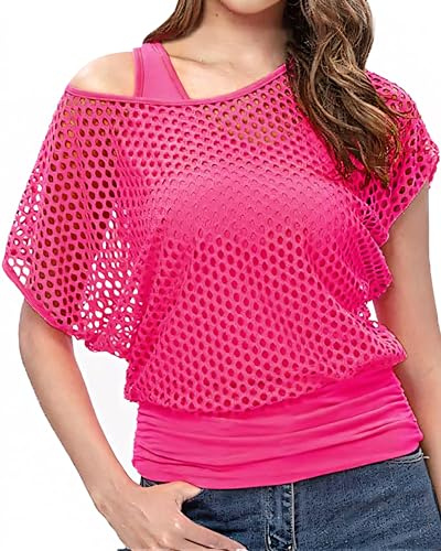 WILDPARTY Déguisement Année 80 90 Femme Fluo T-shirt Resille, Débardeur Jambières Gants en Maille Costume, Kit Annee 80 Femme Accessoires Carnaval Vêtements D'aérobic Fête Thème