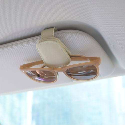 LICQIC Magnetic Leather Car Sunglass Holder, Eyeglass Hanger Clip for Car Sun Visor, Suitable for Different Size Eyeglasses (1 Pcs Beige)
