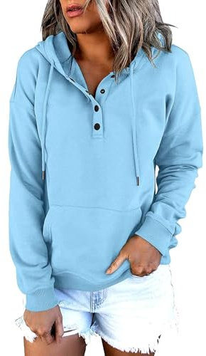 DKLOVIFU Kapuzenpullover Damen Knopfleiste Hoodie Pullover Langarm Herbst Winter Sweatshirt Oberteil Pulli Kordelzug Pullover Tops mit Kängurutasche Übergröße Hoodies