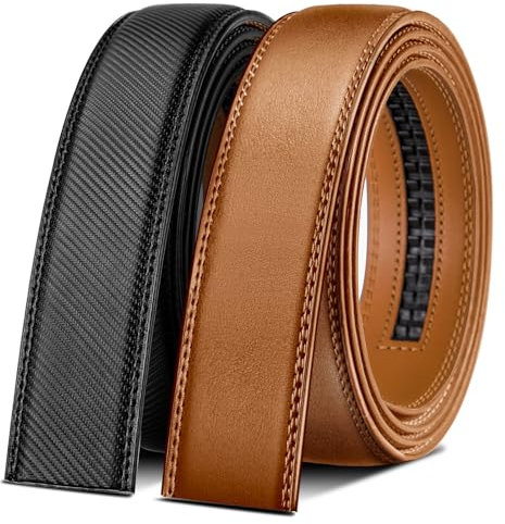 BULLIANT Gürtel Herren 2er, Ledergürtel Automatikschließe Ratsche Gürtel Anzug 35mm,Ohne Schnalle,Größe Angepasst(Schwarz/Orange Braun,140cm/36-48 taille verstellbar)