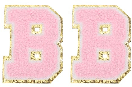 PATIKIL 2 Pcs Iron on Letter Patches, Chenille Glitters Letter Patch Pink, Alphabet B