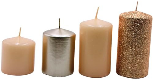 Adventskerzen, Stumpenkerzen, Adventskranzkerzen,Tischkerzen, Tafelkerze in Beige-Cappuccino und Bronze-Glitter, Lieferumfang 4 Stück, gestuft von L/B/H 5 x 5 x 5 cm bis L/B/H 5 x 5 x 9 cm .