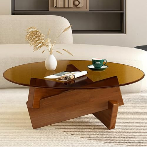 Table basse ronde industrielle vintage avec plateau en verre trempé et pieds en bois massif pour salon 80 cm de diamètre Finition marron