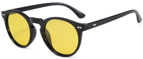 Long Keeper Retro Round Polarised Sunglasses Mens Womens Small Circle Sunglasses Classic Vintage Shades Unisex UV400 Protection Round Sun Glasses (Black Frame Yellow Lens)