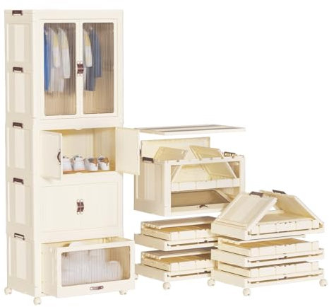 Heikoeco® Kinderkleiderschrank mit Stabiler Kleiderstange, Faltbarer & frei kombinierbarer Kleiderschrank Weiss auf Rollen, Kleiderschrank klein aus hochwertigem PP (65cm, 4Fächer mit 1Schublade)