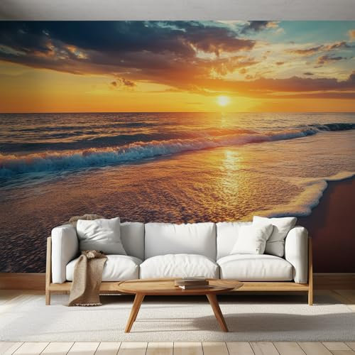 NOGAWA Papier Peint Coucher de Soleil, Papier Peint Motif Paysage Tropical, Panoramique Décoration Murale Pour Salon, Chambre, Tapisserie Murales Intissé, Wallpaper Mural 300x210cm