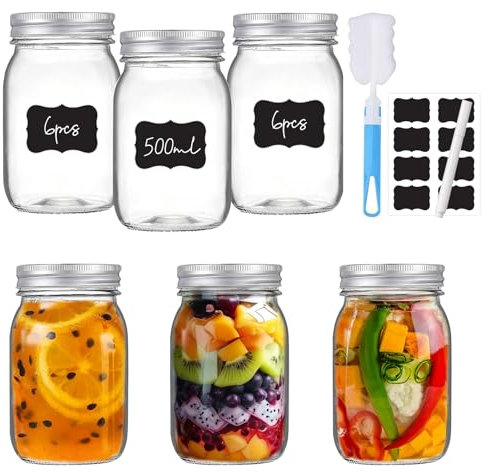 KIMIGO Lot de 6 Mason Jar avec Couvercle,500ml Pots de Conservation en Verre Hermétiques,bocaux Mason Jar en verre,Bocaux en verre,Bocaux de conservation pour Conserve, Fermentation, Marinade