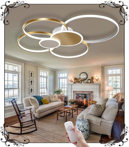WSXEDC L80cm Dimmbare LED Deckenlampe Kreative 6-Ring Gold*Weiß Wohnzimmerlampe 75W Moderne Led Deckenleuchte Designer-Beleuchtung Schlafzimmer Amazon lampen Büro Küche Deckenbeleuchtung