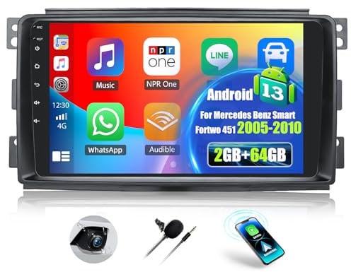 OiLiehu 2G+64G Android 13 2 DIN Carplay Android Auto Radio para Mercedes Benz Smart Fortwo 451 2005-2010 Pantalla Radio Coche 9 Pulgadas con WiFi GPS Bluetooth FM/RDS SWC EQ Camara Marcha Atras