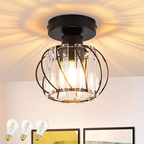 ZMH LED Deckenlampe Flur Deckenleuchte: Kristall Vintage Küchenlampe Flurlampe Decke E27 Schwarz Retro Innen Deckenbeleuchtung Modern für Küche Balkon Wohnzimmer Schlafzimmer, 3 x A60 Glühbirne inkl.