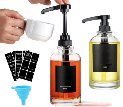 AXIM Coffee Syrup Dispenser,2 Pack 500 ml/16.9 oz Glass Syrup Dispenser with Labels& Funnel,Coffee Bar Organizer,Modern Coffee Station Accessories for Kitchen
