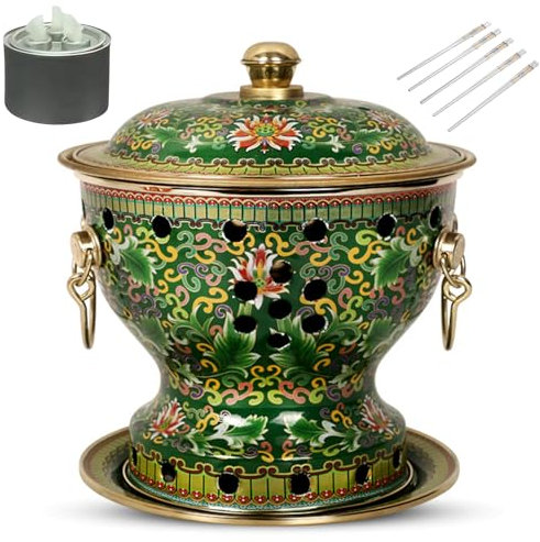 Chinese Traditional Hot Pot, 7 Inch Copper Hot Pot, Fast Heating, Durable & Easy Clean, for Family Dinners Gathering Barbecues Outdoor Picnic (Green Gou Zilian,Copper liner)