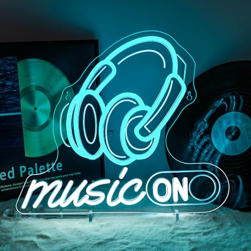 Horseneon Music Neon Schild Music On Neon Sign Musik Led Schild Dimmbar Für Wand Dekor KopfhöRer Brief Led Schriftzug Zeichen für Studio Konzert Bar Schlafzimmer Nightclub,Schlafzimmer