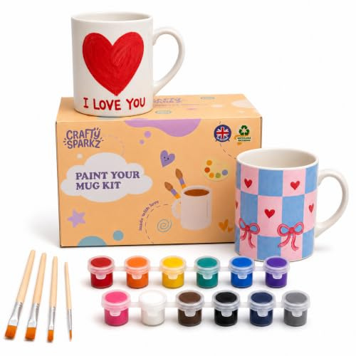 Crafty Sparkz Paint Your Own Mug Kit - Pottery Painting Kit for Adults - DIY Arts & Craft Kits for Couples Date Night - Heart Handle Mugs, Crafts for Adults - Birthday & Anniversary Gift