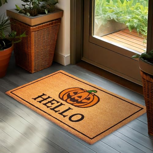 BRUBAKER Halloween Fußmatte für Außen und Innen - Hello mit Grusel Kürbis | 45 x 75 cm Schmutzfangmatte aus 100% Kokos - Antirutsch Fußabtreter Wetterfest und rutschfest - Outdoor Türmatte