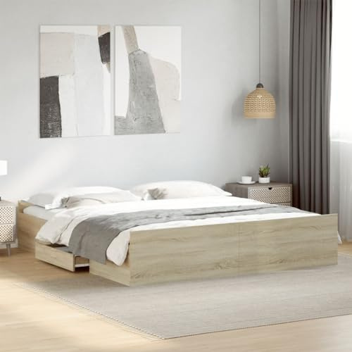 HaoChrymec Bettgestell mit Schubladen Sonoma-Eiche, Holzwerkstoff, Praktisches Design, Bett mit schubladen, Bett mit stauraum, Für Schlafzimmer und Jugendzimmer, 200x200 cm