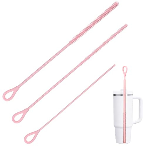 3PCS Silicone Straw Cleaner Brush, 9.84in Long Cleaning Brushes, Bendable Food Grade Silicone for Metal Glass Plastic Straight & Bent, Compatible with Stanley Metal Glass Straw Accessories (Pink)