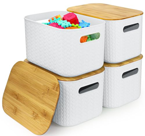 RWFMO 4 Pcs Plastic White Storage Baskets with Bamboo Lid for Bathroom | Stackable Design, Wicker Storage Boxes with Handle for Home Kitchen, Office and Wardrobe, 24 x 16.5 x 15.5cm