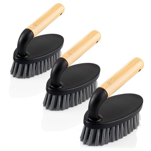 com-four® 3X Reinigungsbürste mit Bambusgriff, robuste Handbürsten | Scheuerbürste aus Kunststoff für gründliche Reinigung - Schuhbürste - Schrubber-Bürste