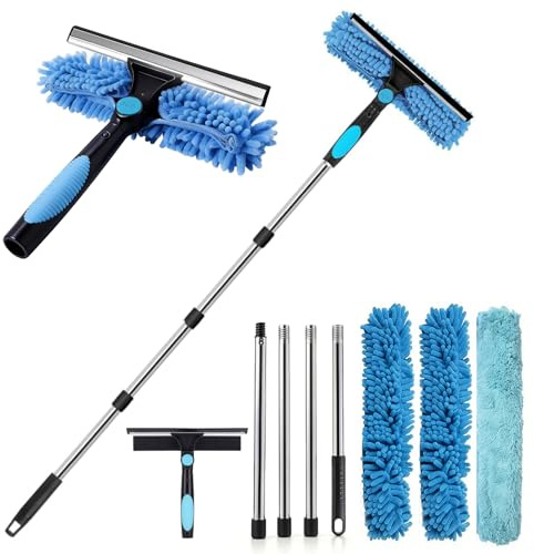 Kit Pulizia Vetri Telescopico 2-in-1 fino a 180 cm,Set Professionale con Racleta in Silicone,Paños in Microfibra,Manico Estensibile per Finestre Alte,Vetro,Doccia,Specchi & Auto