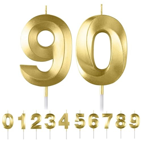 HattusaShield Number 90 Candle, Gold Birthday Candles for Cake, Diamond 3D Candles, Cake Topper Decorations for Birthday Party Wedding and Party Anniversary