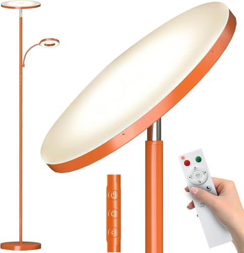 42W Stehlampe Wohnzimmer, LED Deckenfluter mit Leselampe 2700K-6500K Stufenloses Dimmen , Fernbedienung und Touch-Steuerung, Moderne Dimmbar Standleuchte für Wohnzimmer Schlafzimmer Büro, Orange