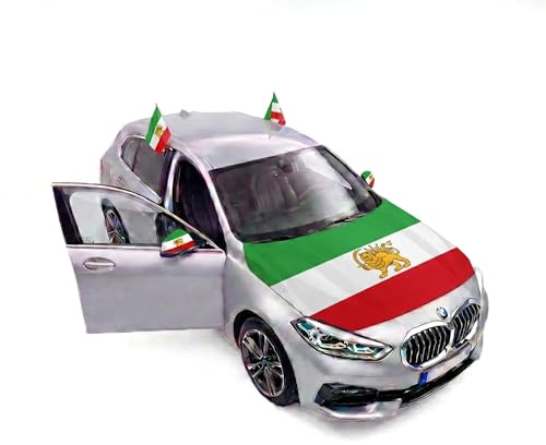 Auto Fahnen Iran Löwe Komplett Set - Motorhaubenfahne, 2 Autofahnen Fenster & 2 Außenspiegelfahnen, Fußball Fanartikel FZG für EM & WM, Iran Löwe Flagge Fahrzeug Deko