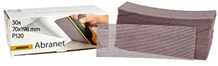 Mirka Abranet net sandpaper strips 70 x 198 mm Hook & loop/Grit P120 / 50 pcs/for sanding wood, walls, metal, aluminium, stainless steel, filler, varnish, plastic / 5415005012