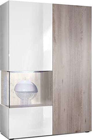 Vladon Vitrine Kommode Hochschrank Morena, Made in Germany, Korpus in Weiß matt/Rechte Tür und der Einsatz in Eiche Nordic, inkl. LED Beleuchtung