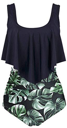 Aidotop Maillots de Bain Femmes 2 Pieces à Volants Vintage Taille Haute Plage Floral Slim Bikini Set(11black Leaf,L)