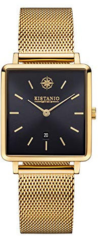 Kistanio Carre Damenuhr mit Milanaiseband Datum Edelstahl Goldfarben Schwarz Saphirglas CAR-GO-BLKS-M
