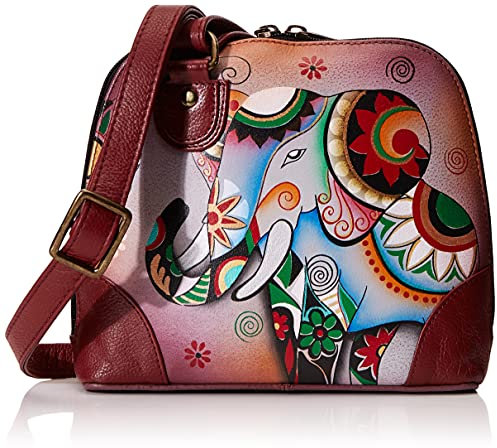 Anna by Anuschka Damen Handtasche aus Echtem Leder, Klein, mit Reißverschluss, Mehrere Fächer Handgemaltes Original-Kunstwerk, Retro-Elefant
