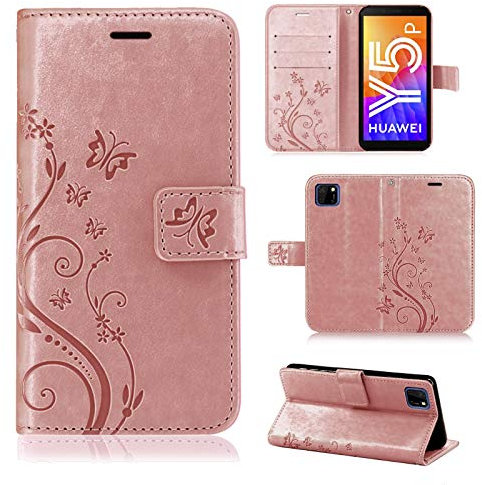 Hülle Kompatibel mit Huawei Y5P | Klapphülle Schutzhülle mit Kartenfächer Kompatibel für Y5P | Magnetverschluss Klapphülle | Rosegold