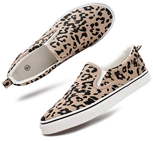 De las mujeres de lona sin cordones zapatillas de deporte de moda pisos zapatos de lona blancos zapatos, (Leopard), 35.5 EU