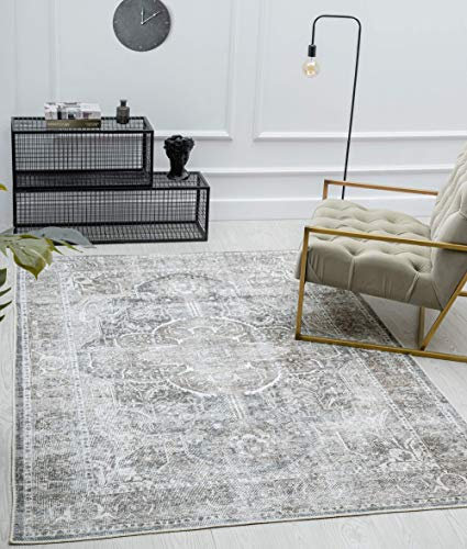 the carpet Zen Klassicher Vintage Wohnzimmer Teppich im Modernen Used Look, Superflach, Waschbar bis 30 Grad, Baumwollrücken, Orient Muster, Grau Braun, 200 x 290 cm