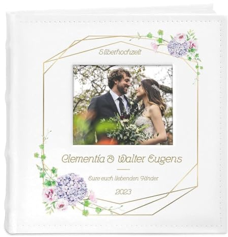 Maverton Einsteckalbum + mit Aufdruck - für 200 Fotos 10x15-100 weiße Seiten - Größe 21x22cm - Weiß - Geschenk für Paare - Hochzeitsgeschenk - Hochzeitstaggeschenke - Hortensie