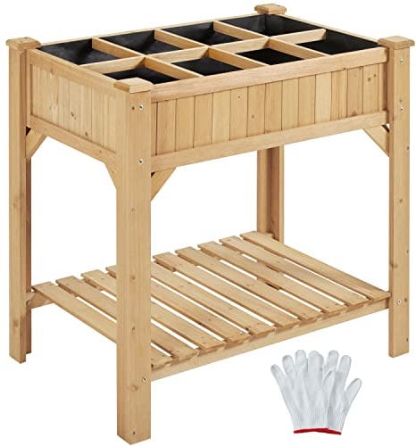Yaheetech Aiuola/Orto Rialzato da Esterno Balcone a 8 Scompati Fioriera Alta in Legno Naturale Lettino per Piante Urbano Giardino con Ripiano e Griglia 91,5 x 62 x 92,5 cm